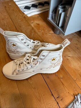 Converse Platform High Top Sneakers in Cream with Tan Stitching